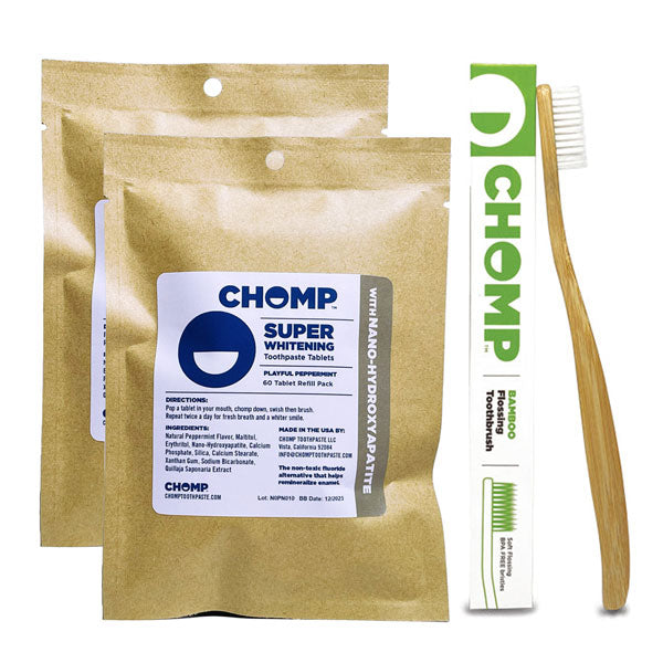 chomp peppermint nano toothpaste with 2 toothbrushes