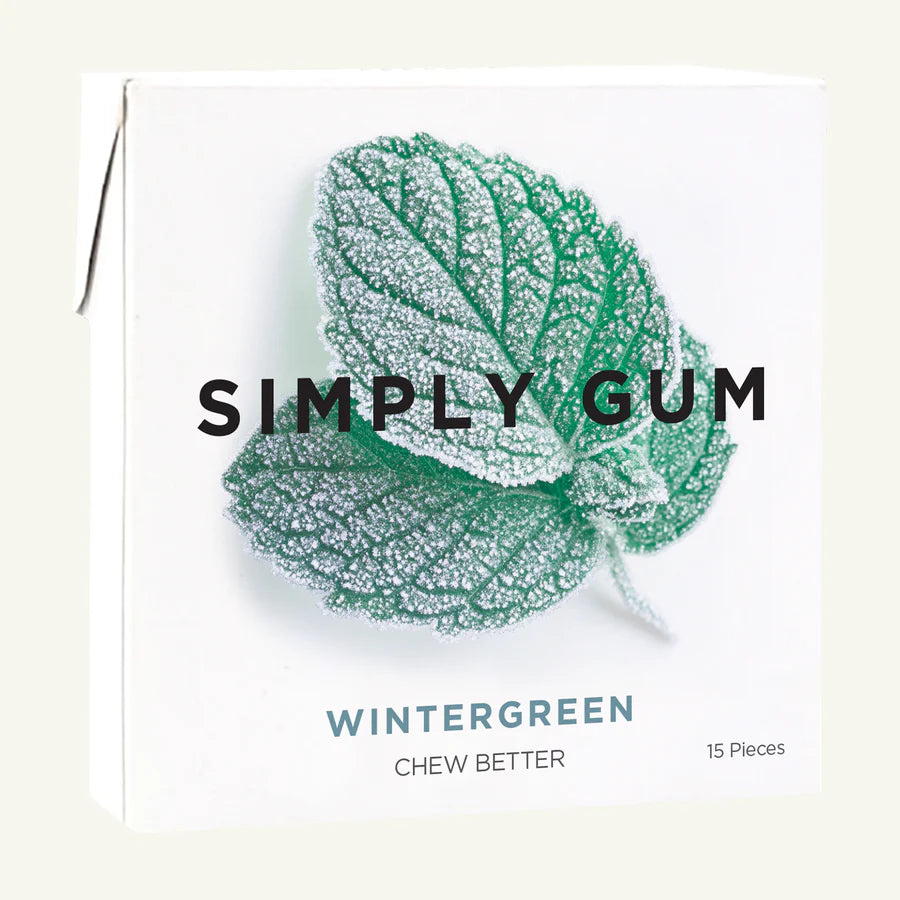 Packaging of Simply Gum Wintergreen with a leaf design on a white background