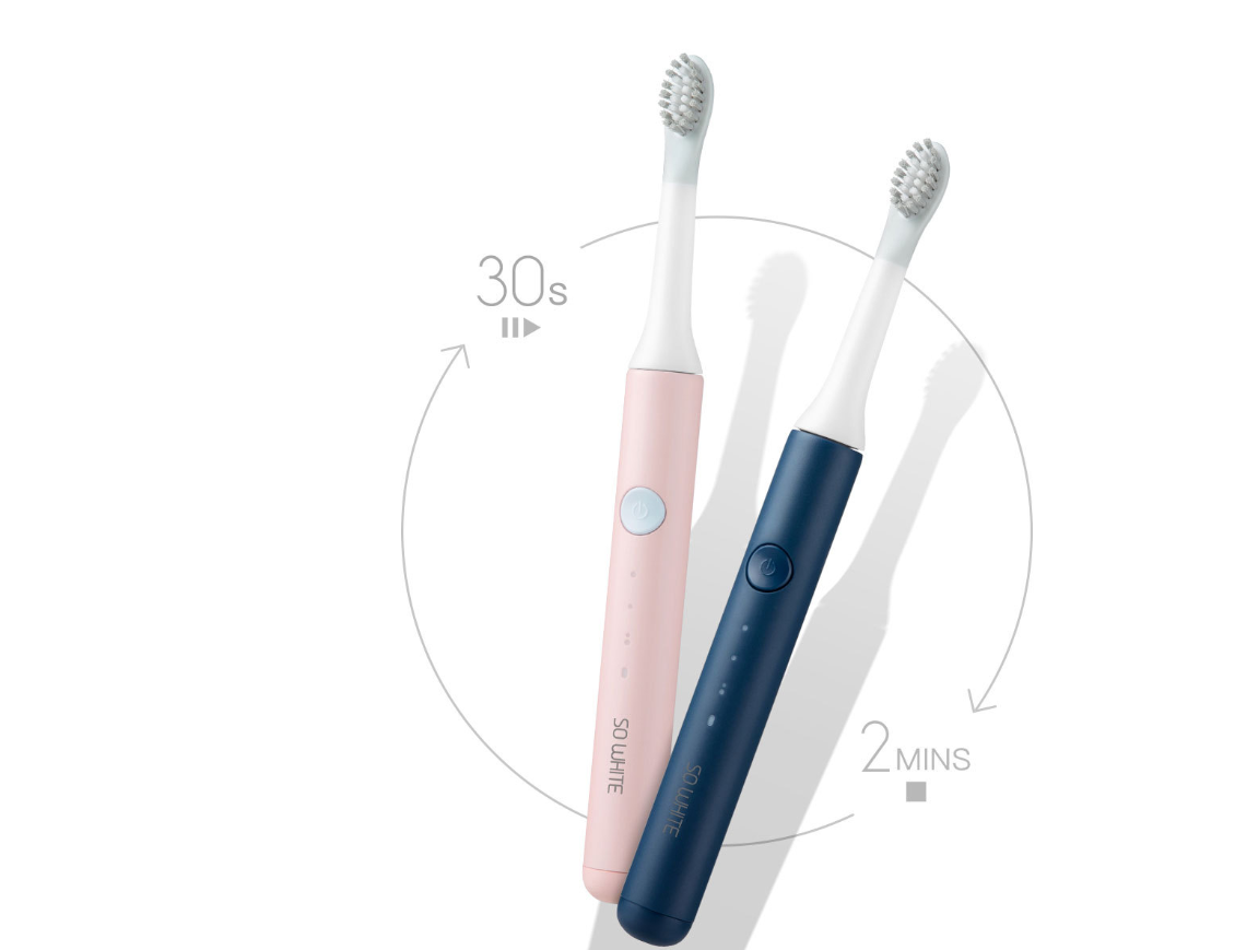 Three electric toothbrushes in pink, white, and blue on a white background with text indicating brushing times.