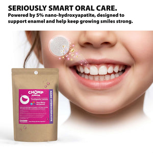 A pouch of CHOMP JuniorQ oral care tablets shown in front of a close-up of a smiling child's mouth and teeth, with promotional text at the top about nano-hydroxyapatite and enamel support.