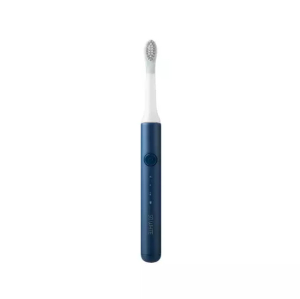 Navy blue electric toothbrush with white bristles on a white background