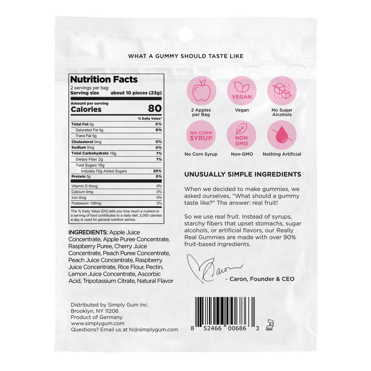 Back of a gummy package with nutrition facts, ingredients, and branding information.