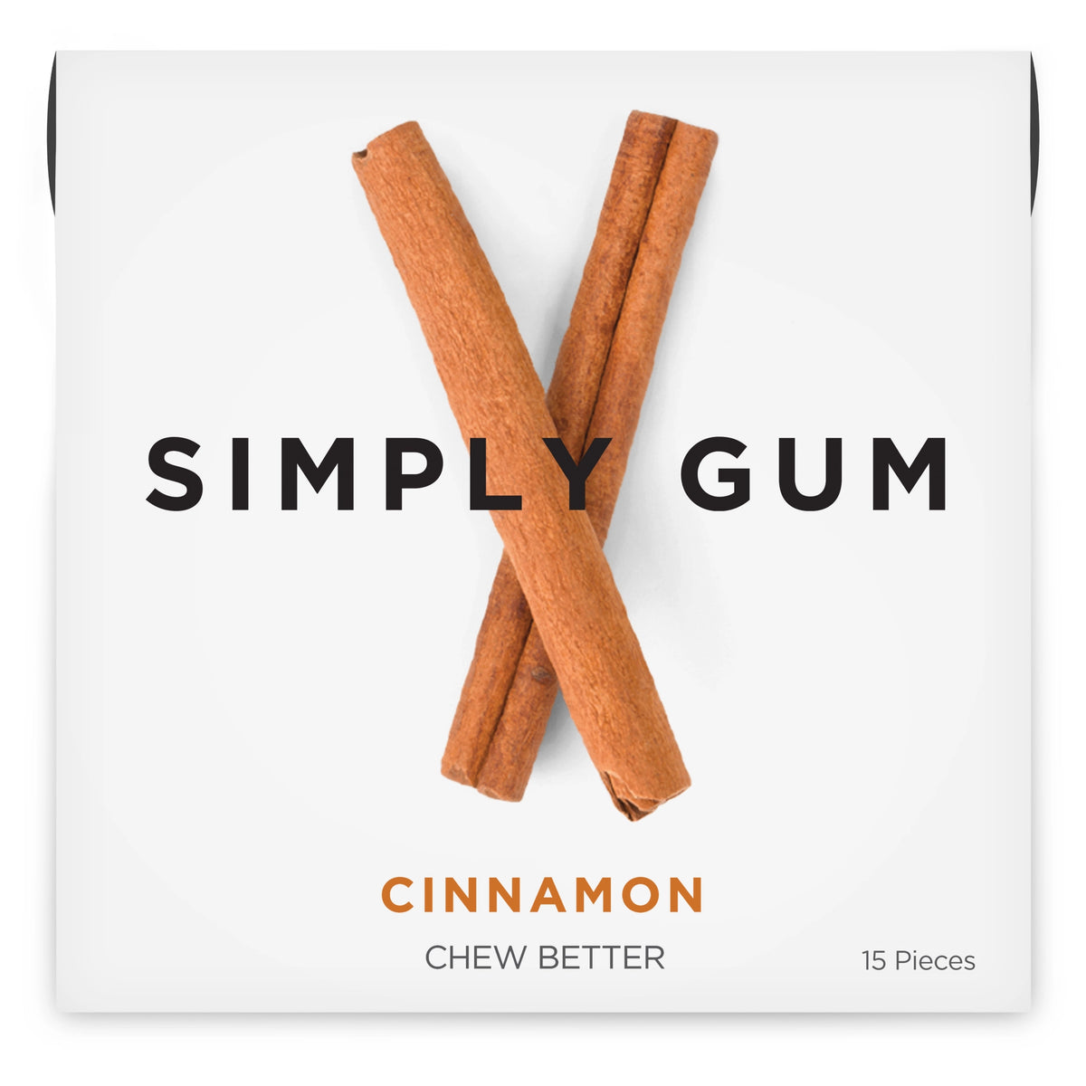 Cinnamon flavored gum packaging with 'Simply Gum' branding on a white background