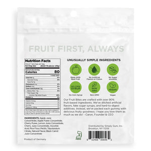 Back of a fruit snack package with nutrition facts and ingredient list.