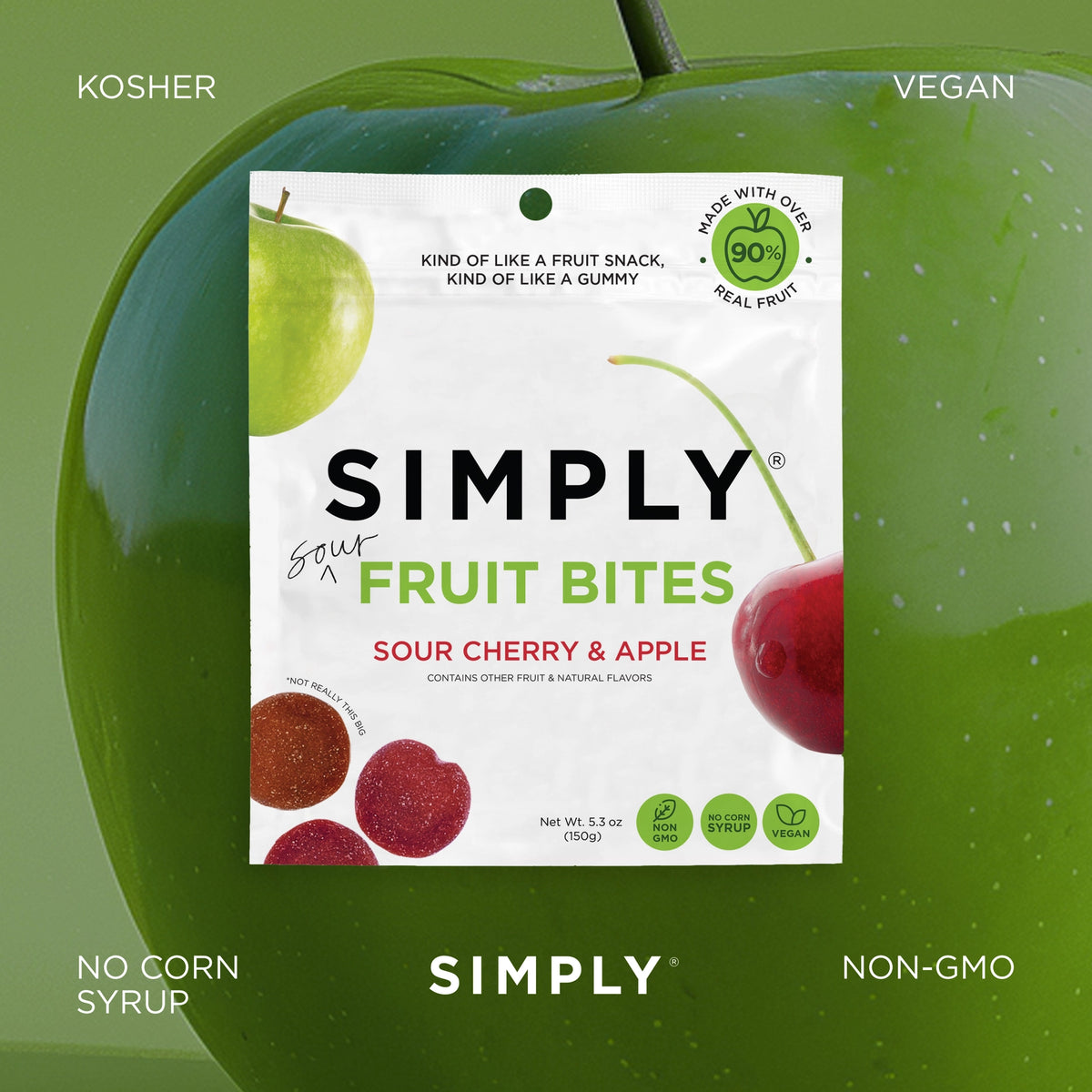Package of Simply Fruit Bites on a green apple background