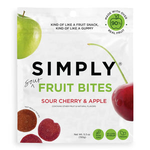 Package of Simply Fruit Bites Sour Cherry & Apple flavor on a white background