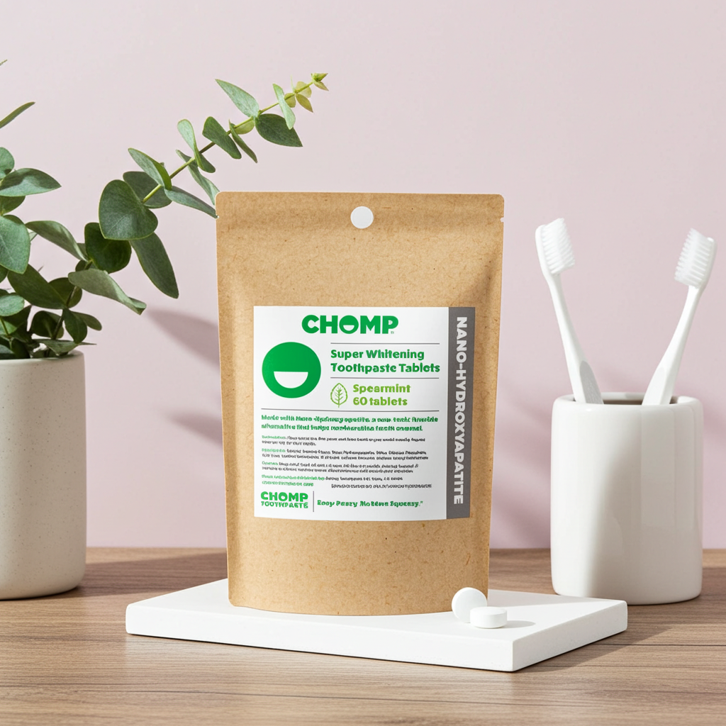 CHOMP toothpaste tablets packaging on a wooden surface with a plant and toothbrush holder in the background.