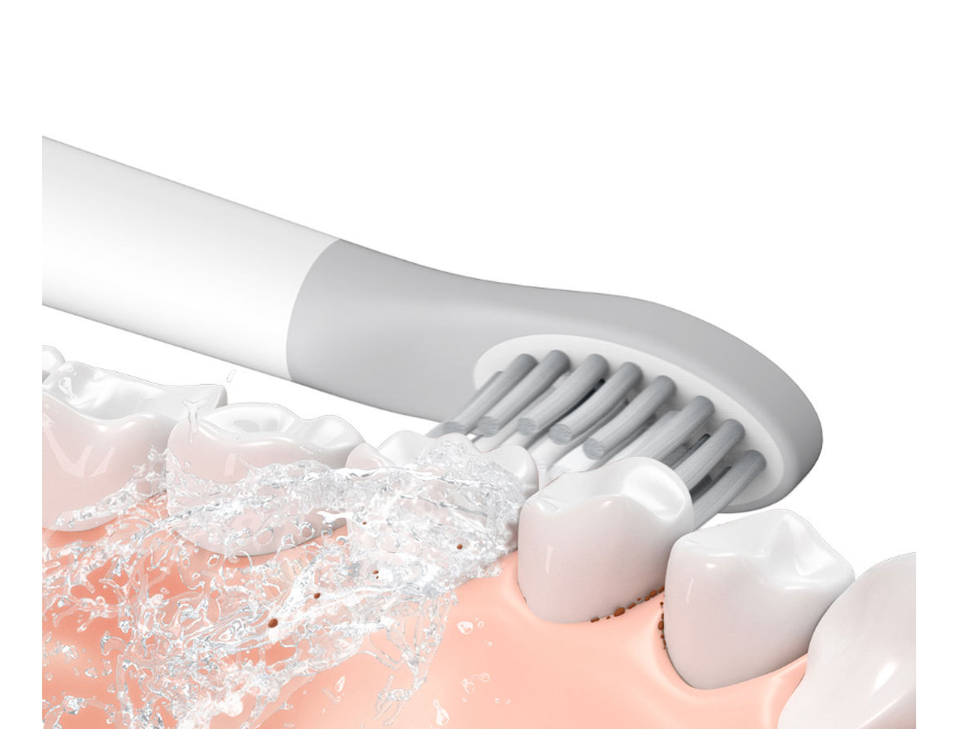 Dental cleaning tool with toothbrush head on a white background