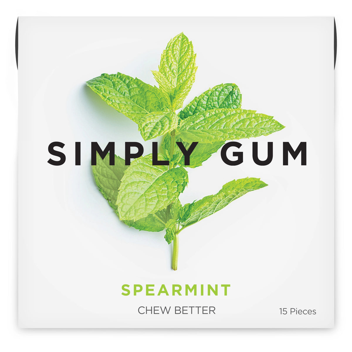 Simply Gum Spearmint packaging with mint leaves on a white background