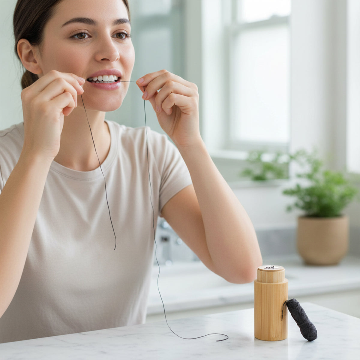 Eco-friendly charcoal floss in bamboo container