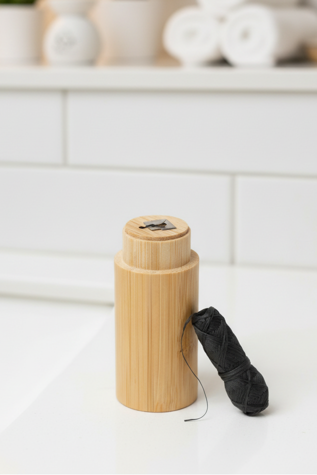 Bamboo floss holder in white bathroom