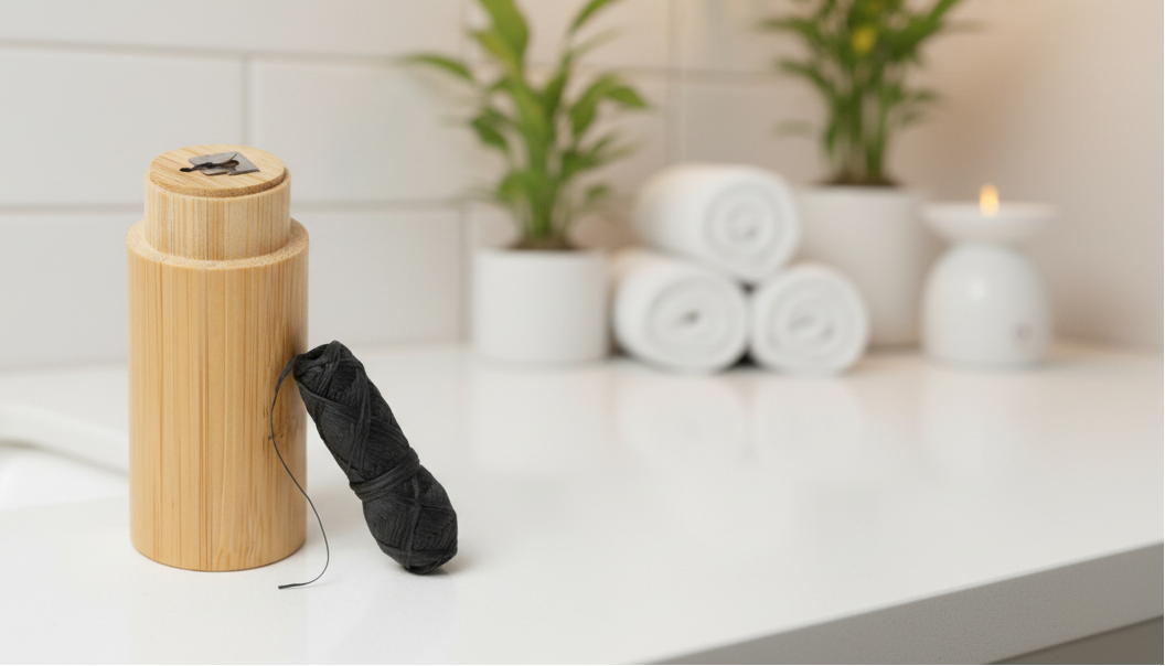 Bamboo salt grinder on a kitchen counter with plants and towels in the background