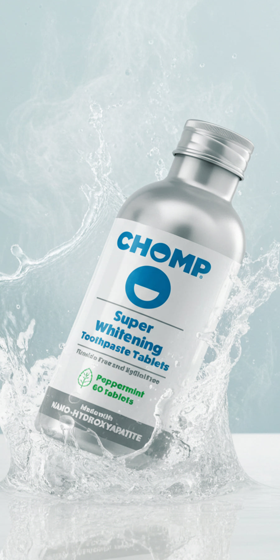 Bottle of CHOMP Super Whitening Toothpaste Tablets with water splash background