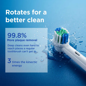A close-up of a toothbrush with blue, green, and white bristles being dipped into water on a blue background, with marketing text that reads 'Rotates for a better clean' and '99.8% More plaque removal'.