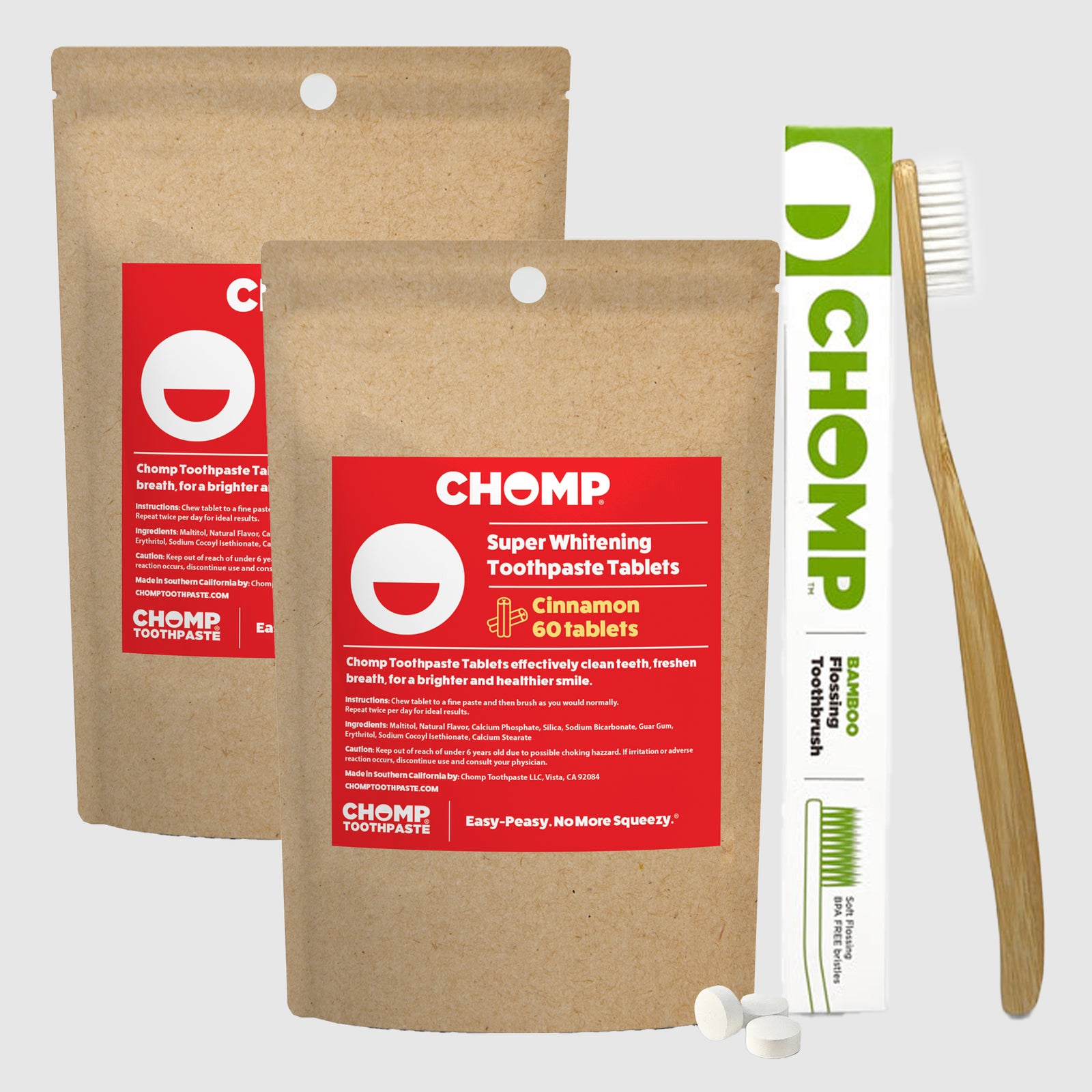 Chomp Cinnamon Toothpaste tablets refill and toothbrush