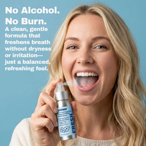 Woman using a mouth spray with text about its benefits on a blue background