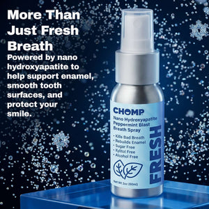 CHOMP breath spray bottle with text about fresh breath and enamel support on a blue background with snowflakes.