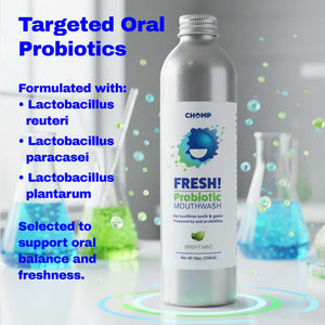 Probiotic mouthwash bottle with ingredients listed on a laboratory background