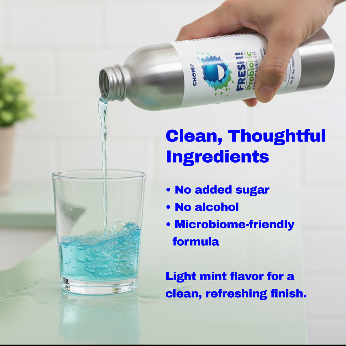 Hand pouring a blue liquid from a bottle labeled 'Cleaner' into a glass, with text about product features.
