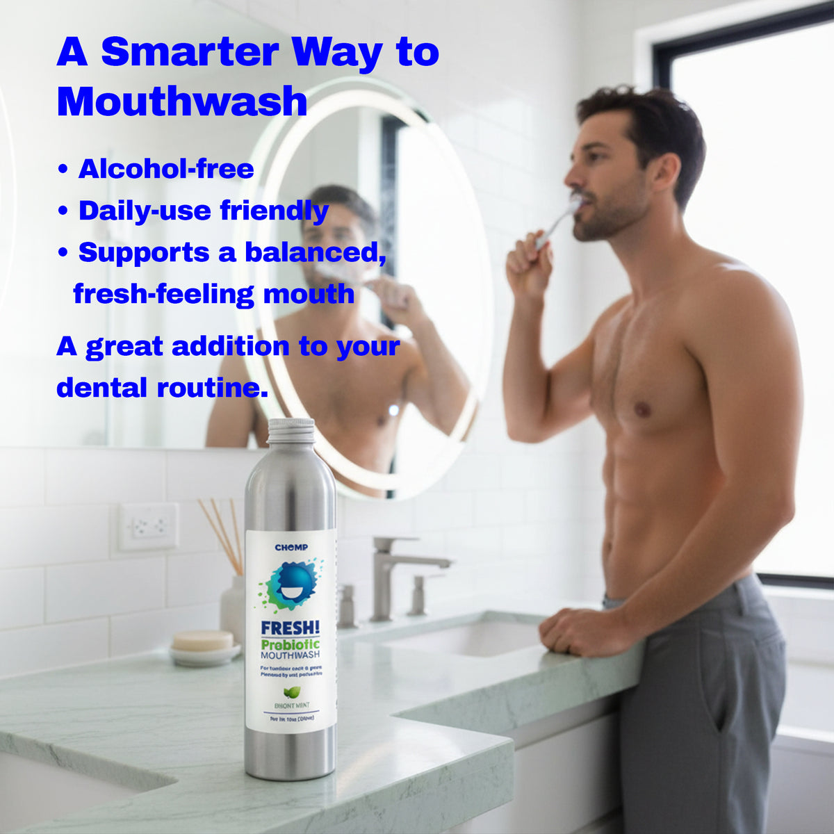 Man brushing teeth with a bottle of mouthwash on a bathroom counter