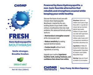 Advertisement for Chomp Fresh Nano Hydroxyapatite Mouthwash with product details and branding.