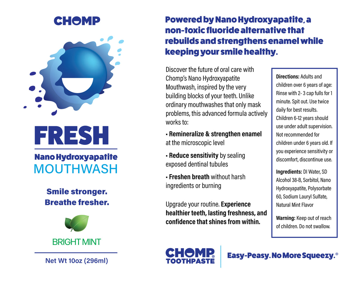 Advertisement for Chomp Fresh Nano Hydroxyapatite Mouthwash with product details and branding.
