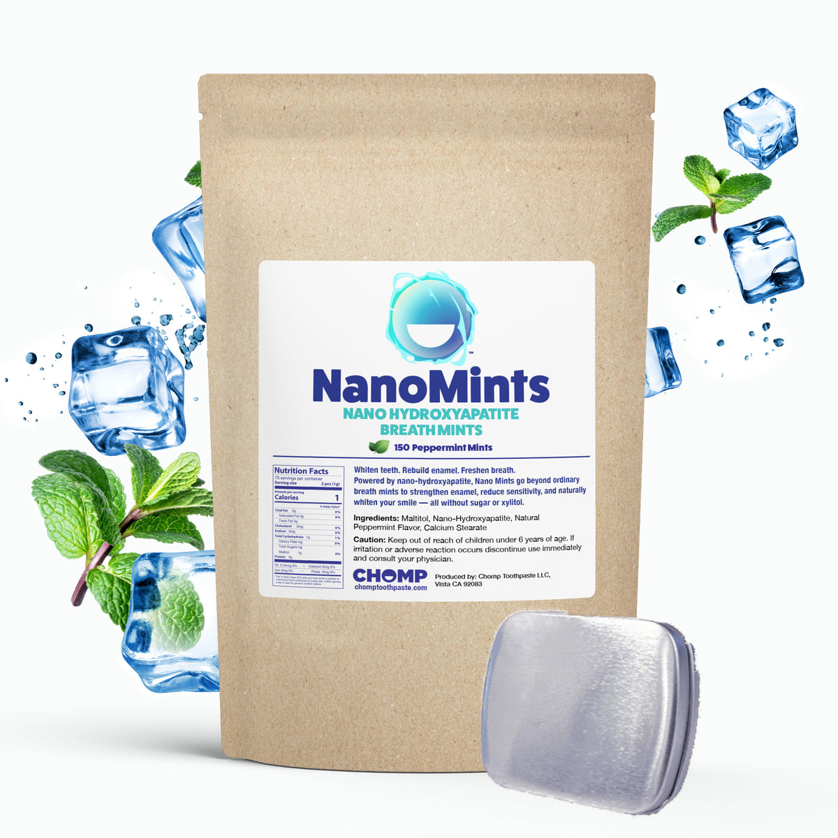 NanoMints packaging with a mint leaf and ice cube illustration on a white background