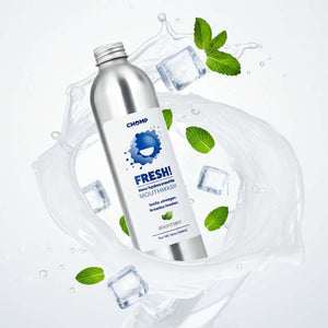 Silver bottle of mouthwash with mint leaves and ice cubes on a light gray background