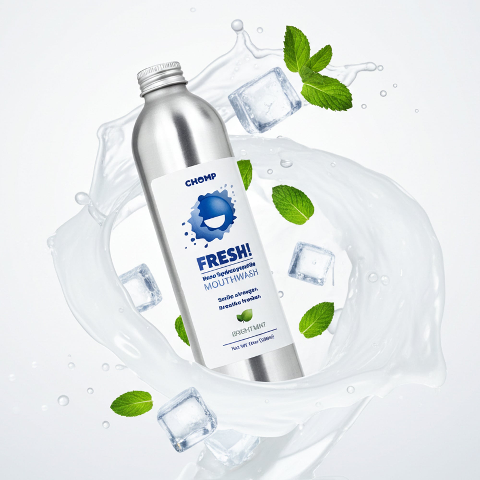 Silver bottle of mouthwash with mint leaves and ice cubes on a light gray background