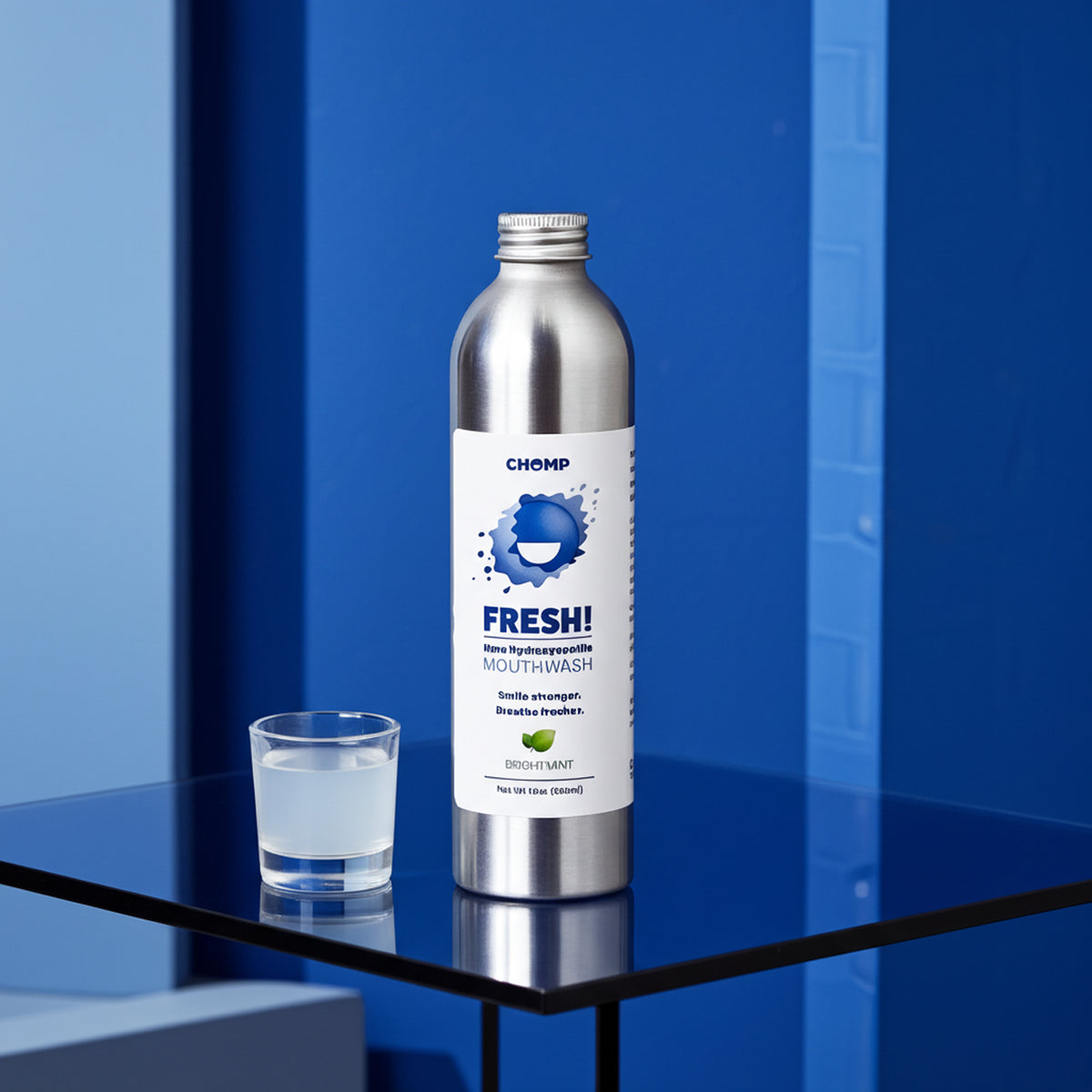 bottle of mouthwash on blue background