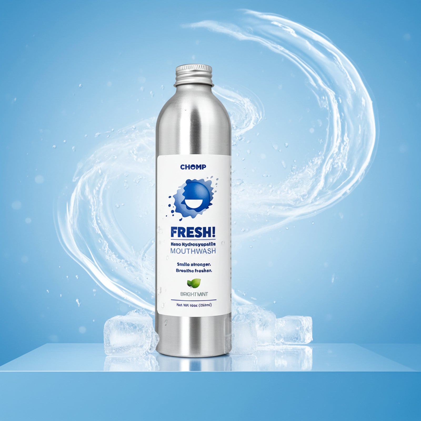 Bottle of mouthwash with a blue background