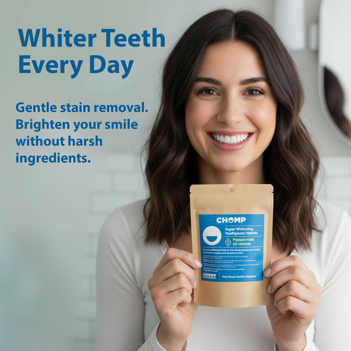 Woman holding a CHOMP product package with text about whitening teeth.
