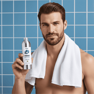 Man holding a bottle of 'FRESH' product with a towel draped over his shoulder against a blue tiled wall.