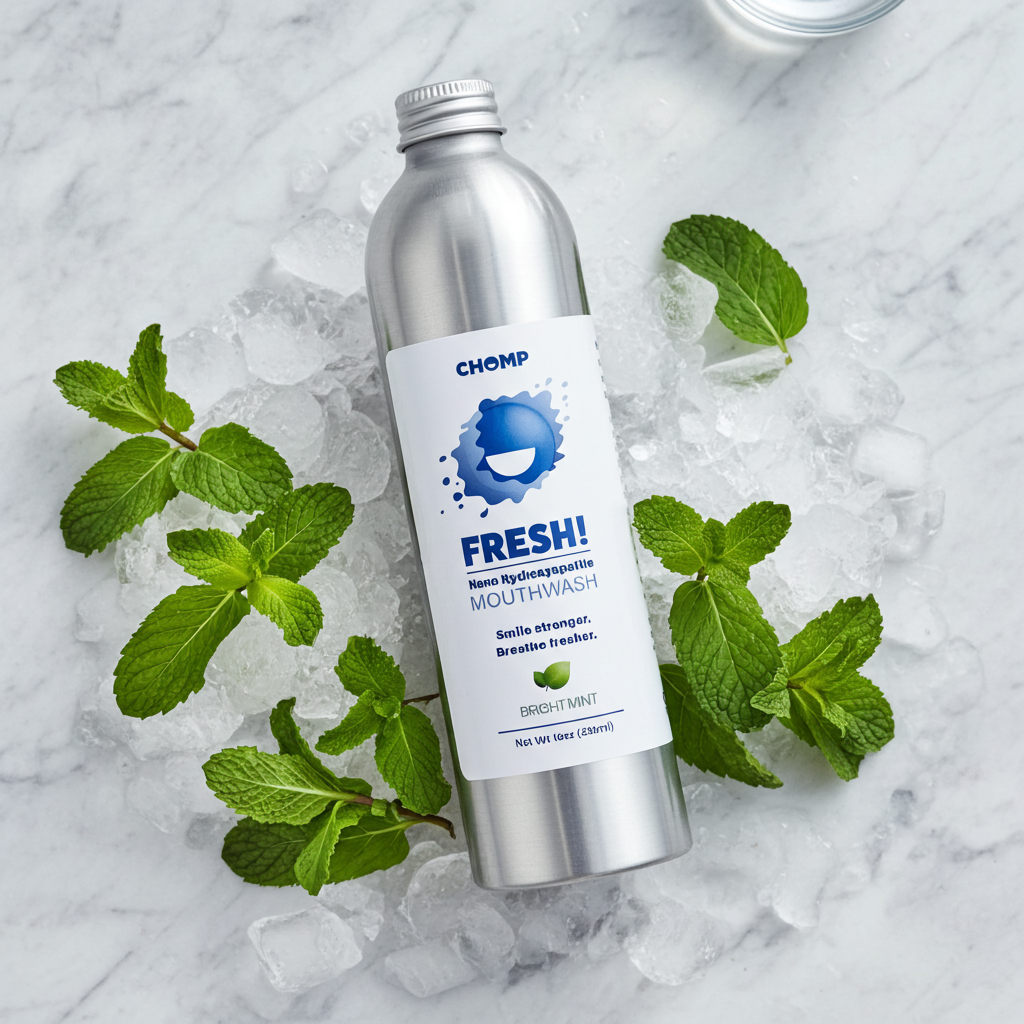 Silver bottle of Chomp Fresh mouthwash with mint leaves on a marble surface