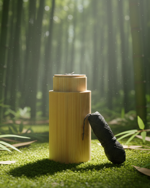Two cylindrical wooden objects in a bamboo forest with sunlight filtering through.