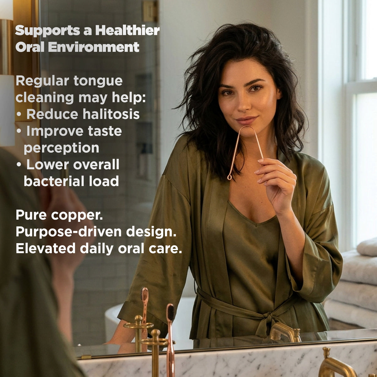 Woman using a tongue scraper in front of a mirror with text about oral health benefits.