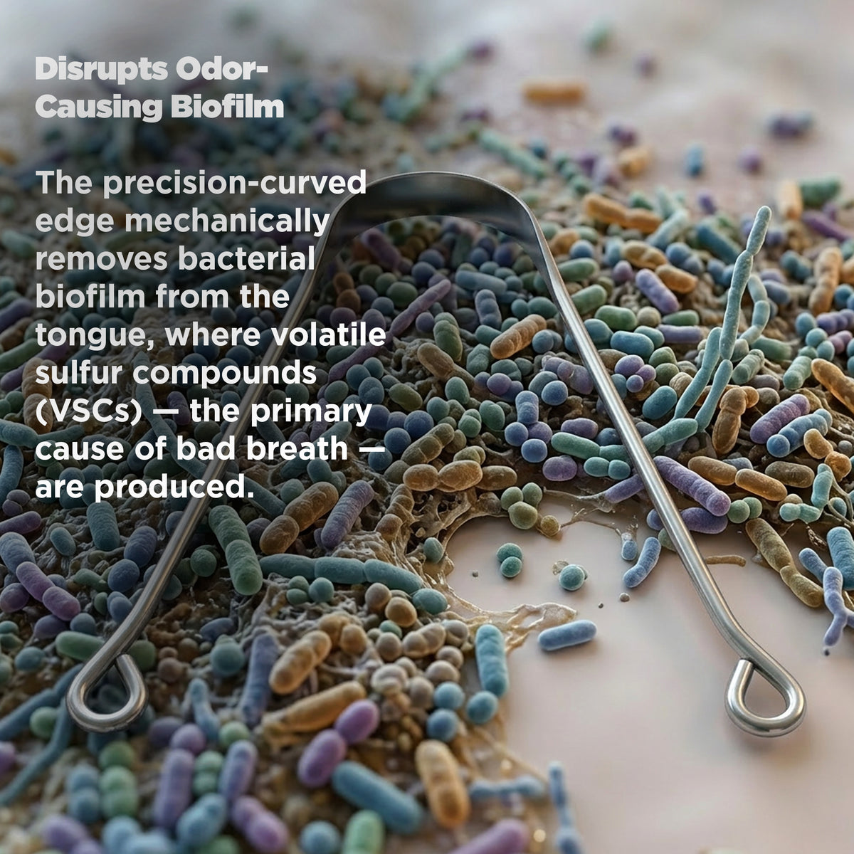Microscopic view of bacteria with a tongue scraper, text about odor-causing biofilm removal.