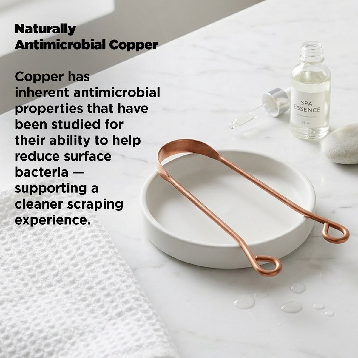 Copper utensil on a white surface with text about antimicrobial properties.