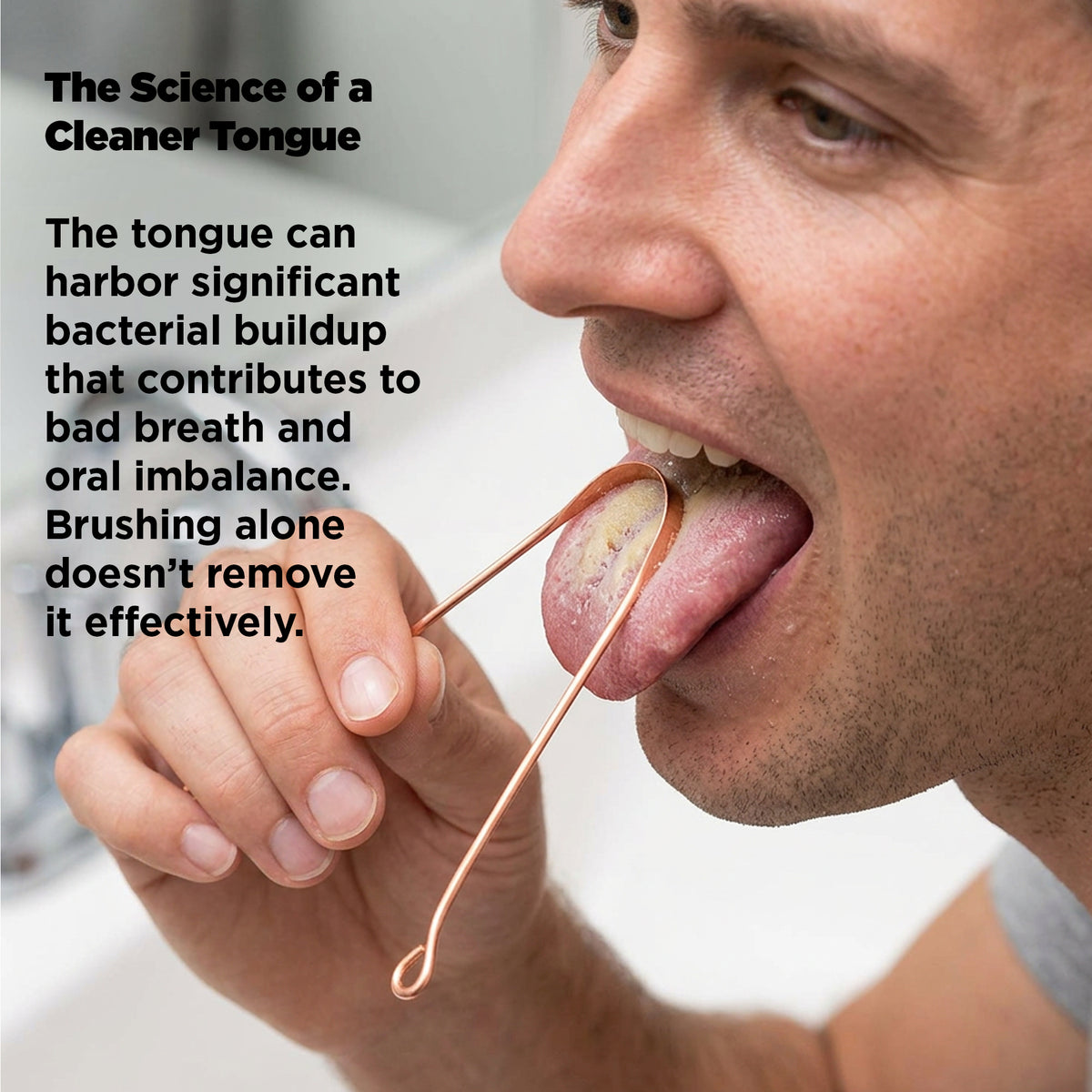 Person using a tongue scraper with text about tongue hygiene.
