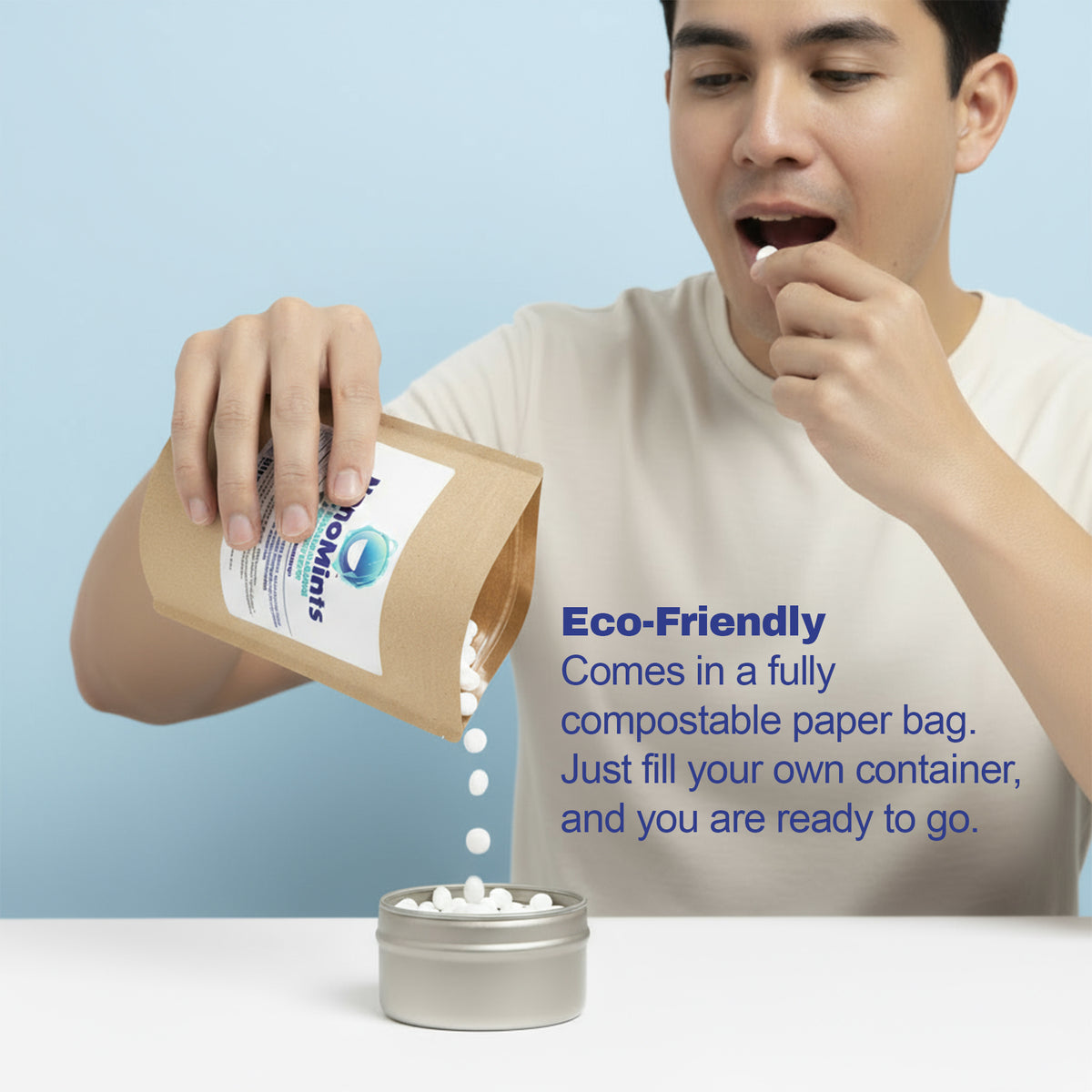 Man pouring a product from a compostable paper bag into a container with text about eco-friendliness.