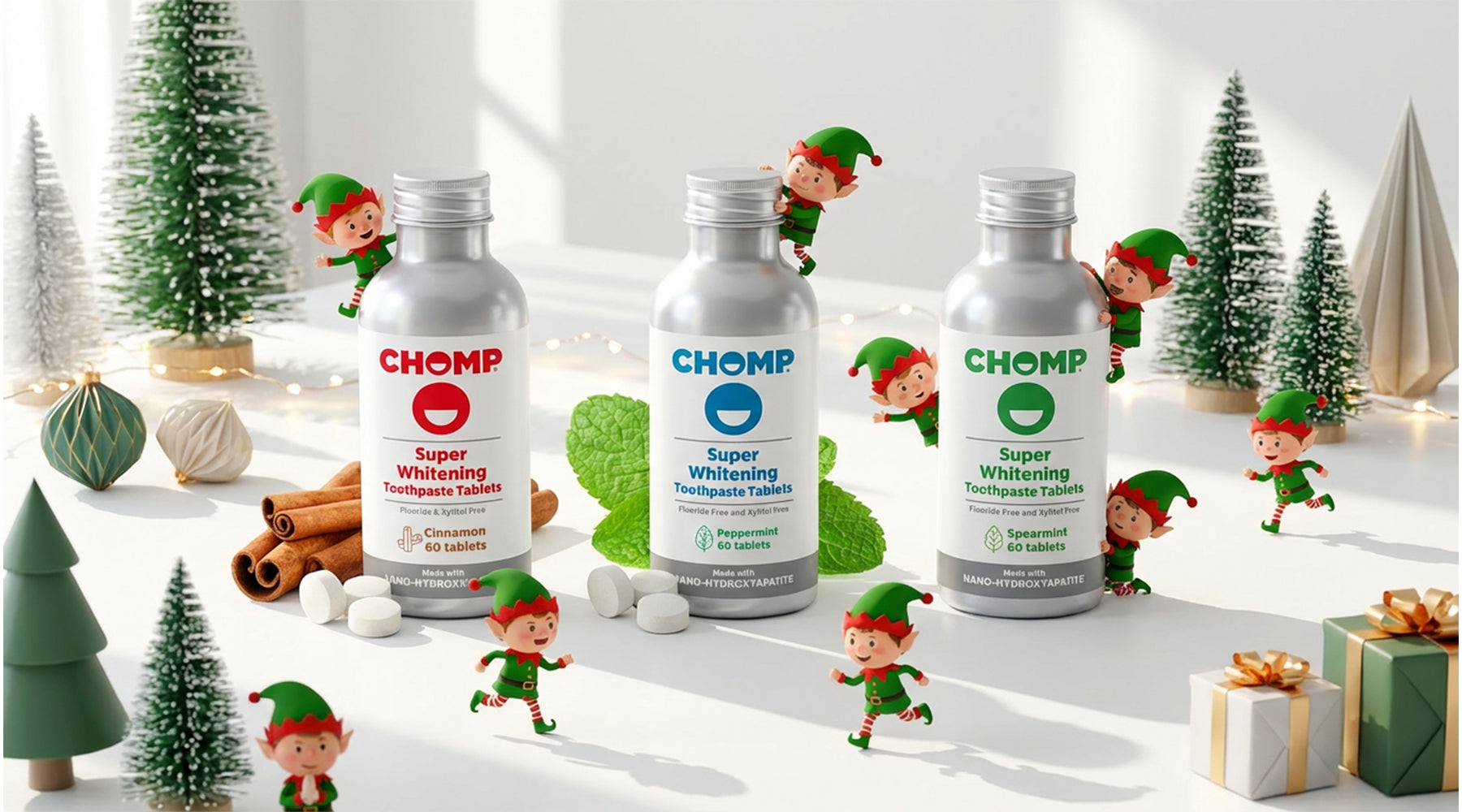 CHOMP toothpaste bottles with Christmas-themed decorations including elves, trees, and presents.