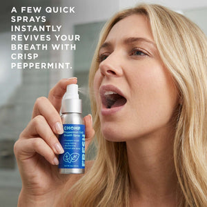 Woman using a breath freshening spray with text highlighting its peppermint flavor.