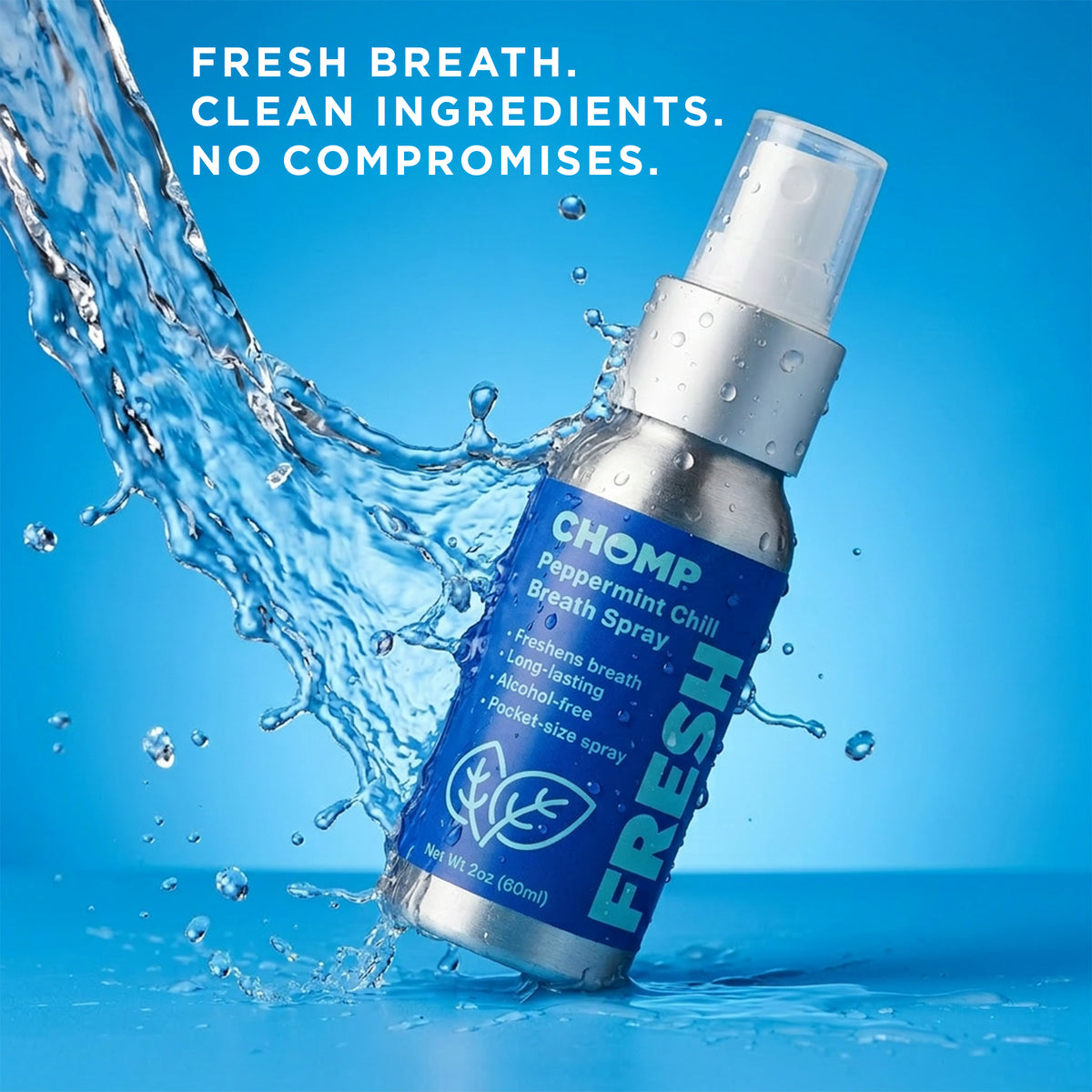 Chomp breath spray bottle with water splash on a blue background