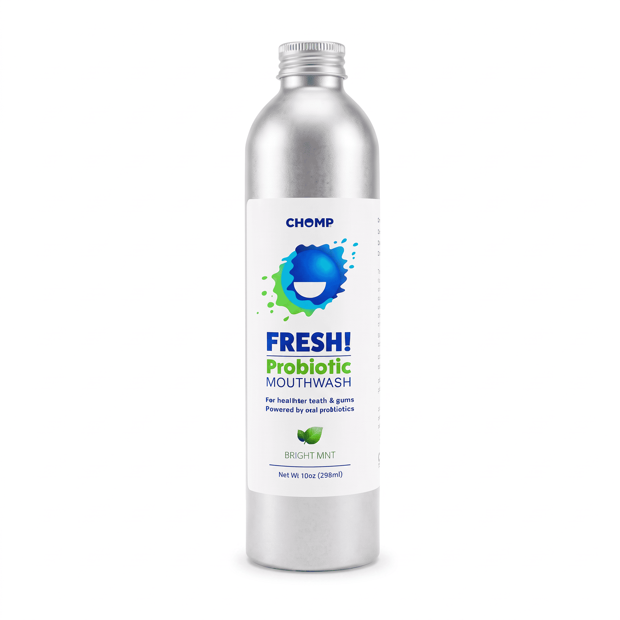 A silver metallic bottle of CHOMP Fresh! Probiotic Mouthwash in Bright Mint, featuring a white label with blue and green branding, set against a plain white background.