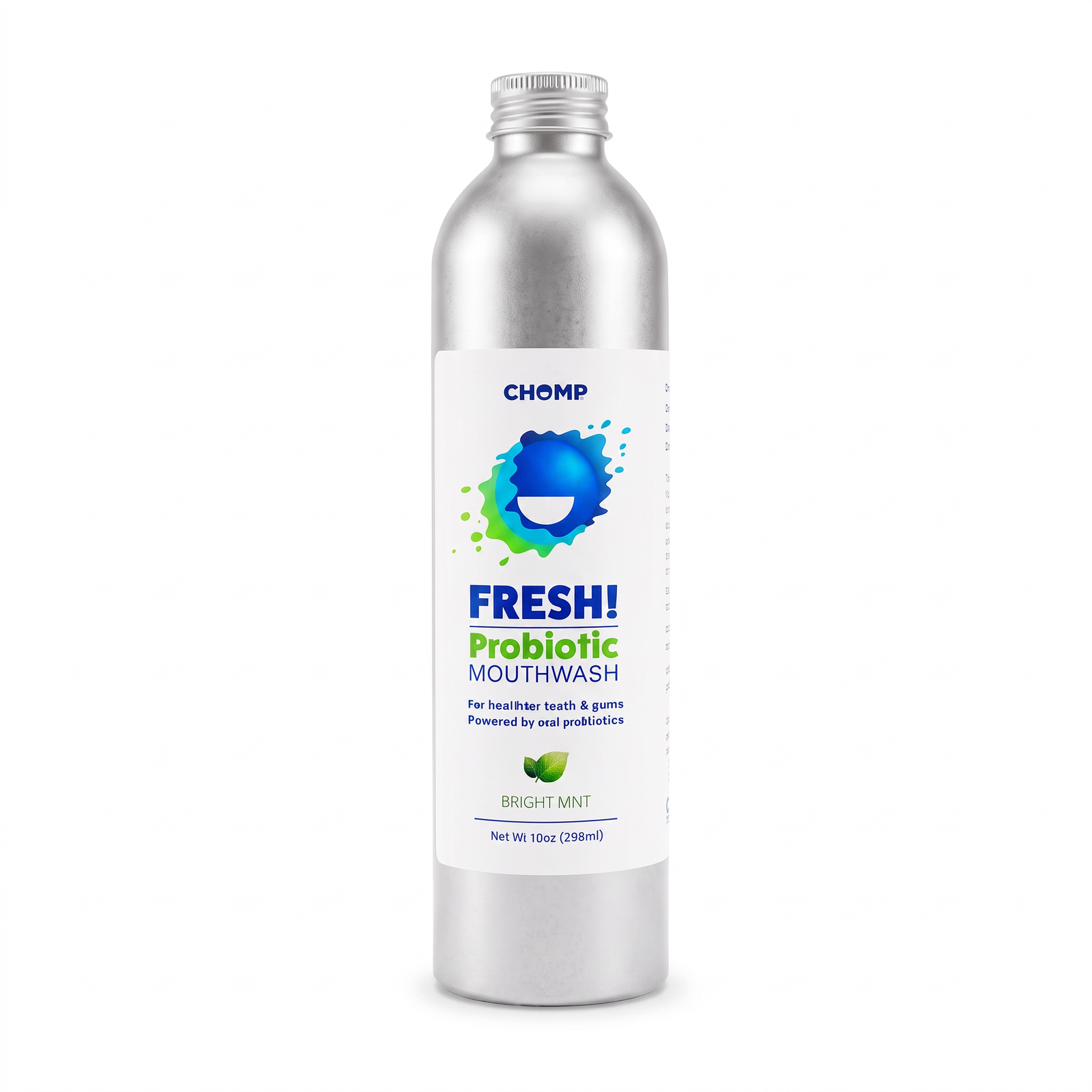 A silver metallic bottle of CHOMP Fresh! Probiotic Mouthwash in Bright Mint, featuring a white label with blue and green branding, set against a plain white background.