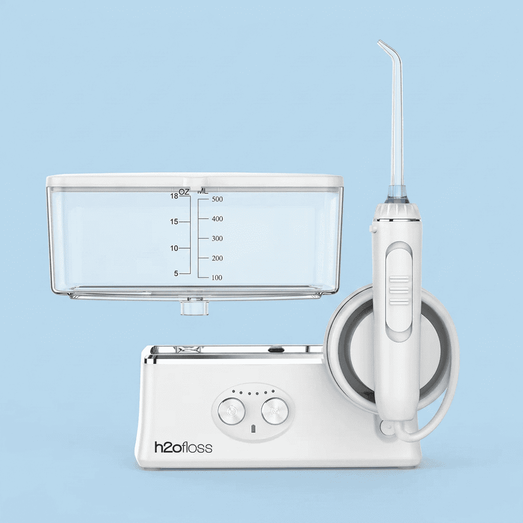 A white H2ofoss oral irrigator and water tank set on a light blue background. The image shows both the main device with its nozzle and the separate clear water reservoir tank mounted above the charging base.