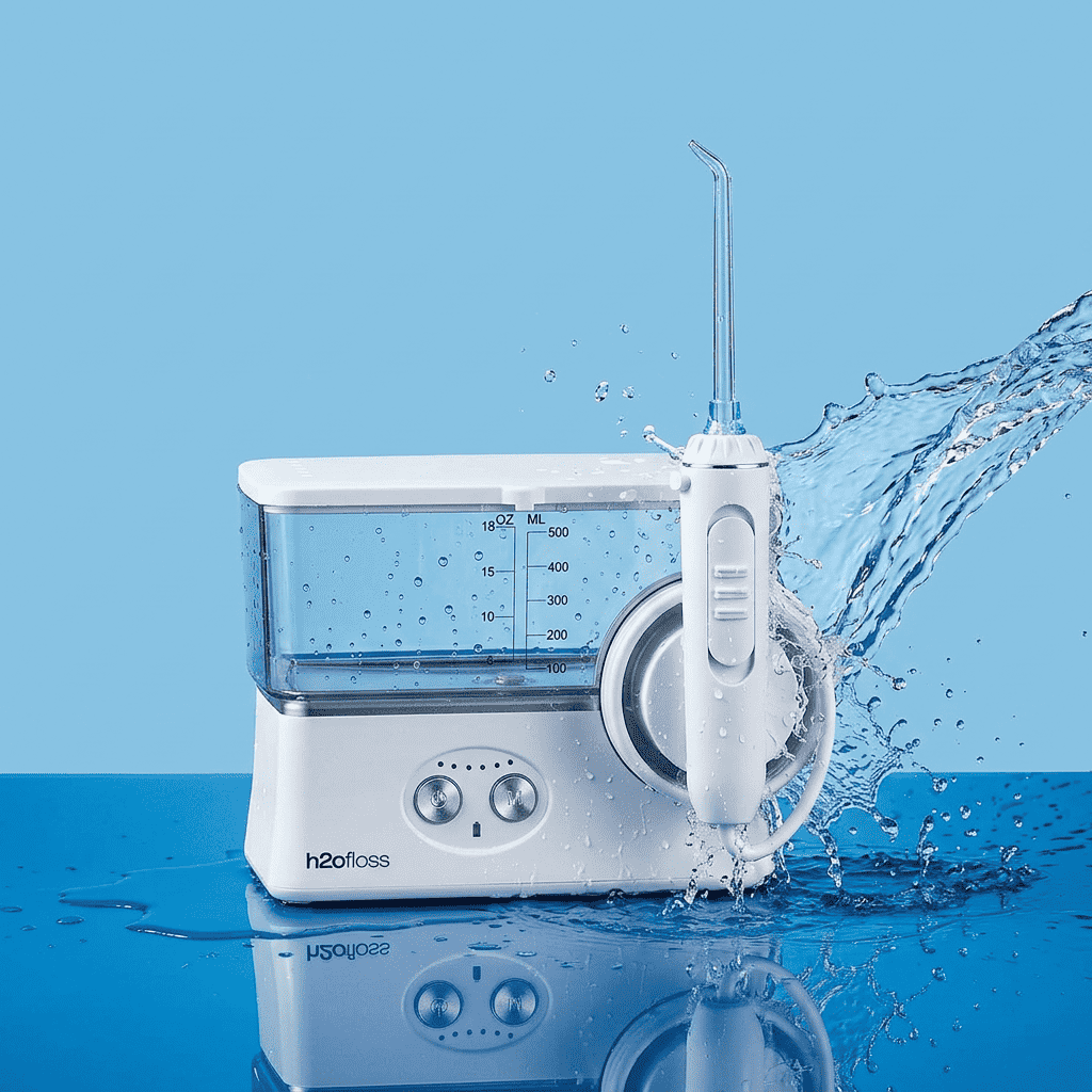 A white H2Ofooss oral irrigator water flosser with a clear water tank, shown with a water spray arc against a light blue background.