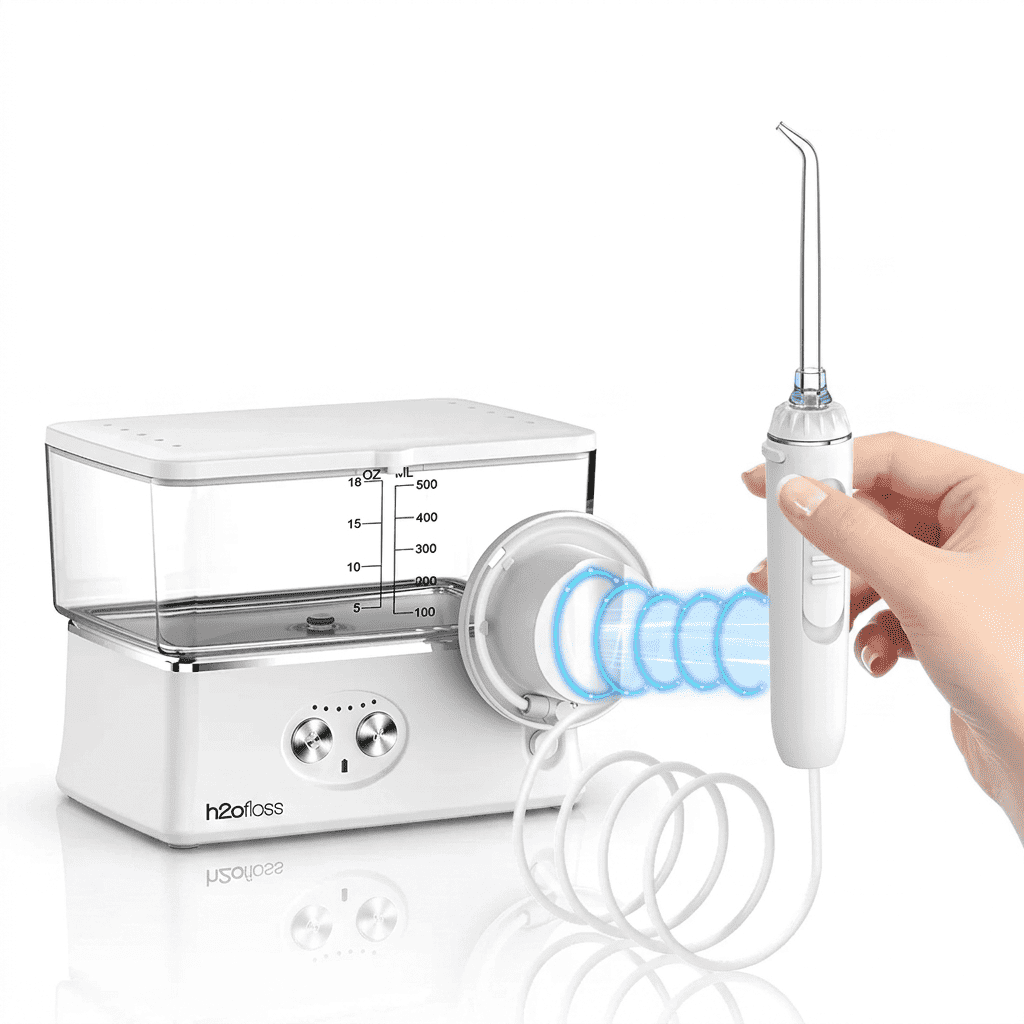 A white oral irrigator water flosser shown with its tank and hose, alongside a hand holding the handheld unit. The product features a white body with silver accents and a clear water tank, set against a clean white background with a subtle reflection.