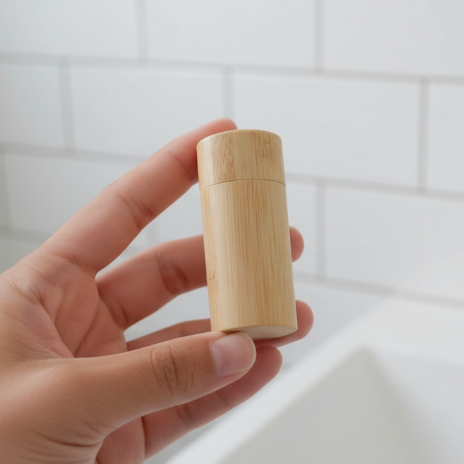 Hand holding a small wooden container in front of a bathroom sink with tiled walls.