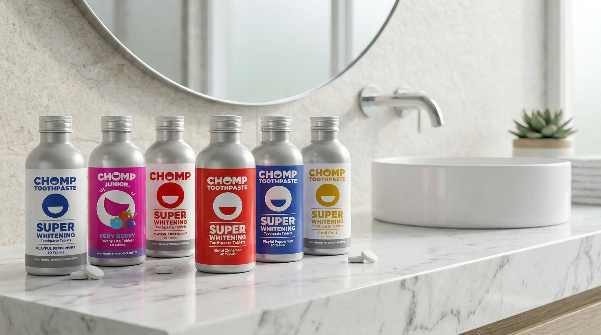 Bathroom counter with various bottles of CHOMP products.